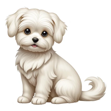 detailed-[Maltese dog]-realistic-full-body-sitting-emoji,-tail-resting-loosely-beside-its-paws,-head-tilted-dramatically, -wavy-[cream white]-fur,-simplified-yet-realistic-focused-features,-highly-detailed,-glowing-with-an-almost-sarcastic-glow sticker