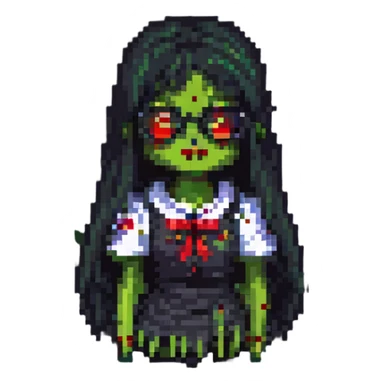 zombie girl with long black hair, bangs, and glasses, pixel art style sticker