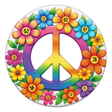 A round psychedelic colored button with the word “peace” in the center with rainbow colored hippie style flowers sticker