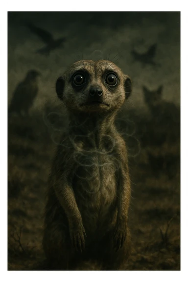 A hyperrealistic, cinematic illustration of a small wild animal, such as a rabbit or a meerkat, with wide, alert eyes and tense body posture, standing in a dry, rugged environment with predators lurking in the shadows. The animal's chest is visibly rising and falling rapidly, representing short, shallow breathing due to constant fear and vigilance. The background is dimly lit, with faint shadows of predators like hawks or foxes barely visible, symbolizing the ever-present threat. Around the animal, subtle visual representations of tension and stress appear as tight, dark rings or smoke near its chest and head, while the environment feels heavy and oppressive. The color palette is muted earth tones, with sharp focus on the animal’s tense face and rapidly moving chest, while the environment around is slightly blurred, emphasizing the feeling of isolation and perpetual fear. The style is 35mm film hyperrealistic with a storytelling, National Geographic documentary aesthetic, capturing the concept of an animal constantly living in fight-or-flight, breathing fast and shallow to survive sticker