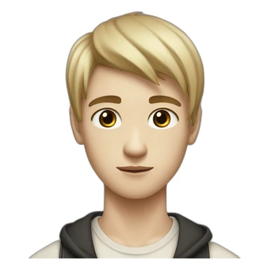 realistic teenager with white skin.  he has very black hair.  He has bangs to the right, his eyes are black, he also has a beige T-shirt, he is tall, he has an elongated neck and head sticker