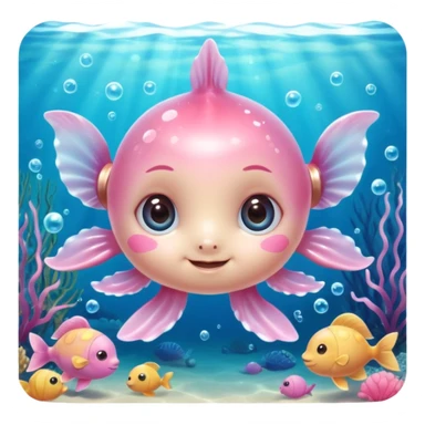 extremely cute, detailed underwater creature, shiny plastic look, huge sparkling eyes with highlights, tiny body, friendly smile, rosy cheeks, fine textures, soft pastel colors with bright accents, small accessories like hearts or bows, detailed shading and highlights sticker