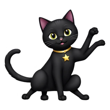 A black cat mid-stretch with exaggerated paw reach and a smug face, framed with playful stars and sparkles sticker