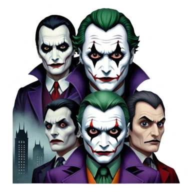 Thriller Movie Icon: A dark, intense collage with close-up images of iconic thriller characters like 1 Joker, 1 Hannibal Lecter, and 1 Vlad Dracula. The background features a moody Gotham City skyline, with shadowy figures and fog. Atmospheric, suspenseful tone. Transparent background. sticker