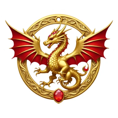 Golden dragon with wings crest / brosch in a circle with red gems and no background sticker