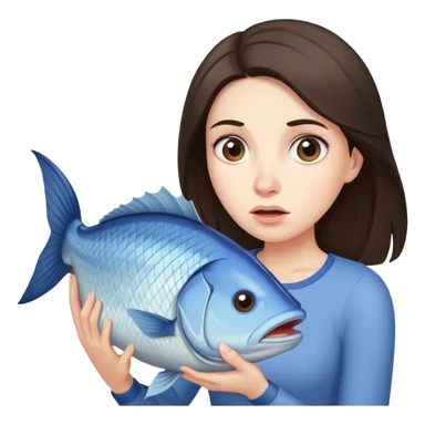 Confused Brunette Woman carries huge fish sticker