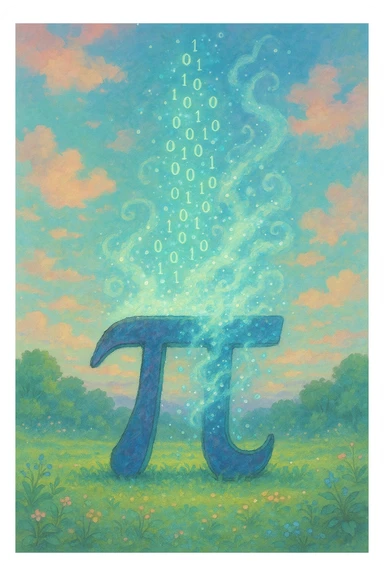  combine the π (pi) math symbol, binary code, and digital mist emerging from it. sticker