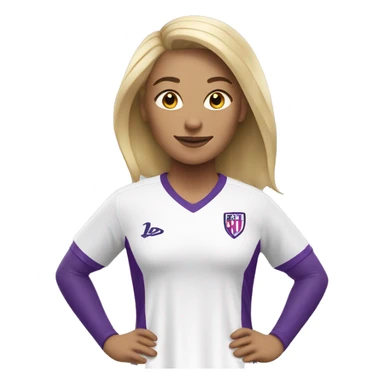 a blonde woman in white soccer jersey with purple pinstripes sticker