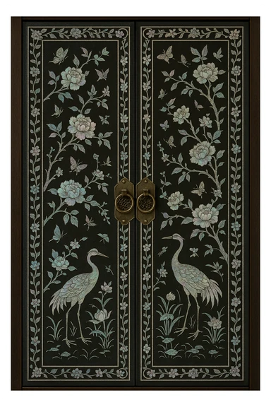 traditional Korean door decorated with mother-of-pearl lacquerware art, glowing mother-of-pearl pieces on dark background, delicate and artistic atmosphere sticker