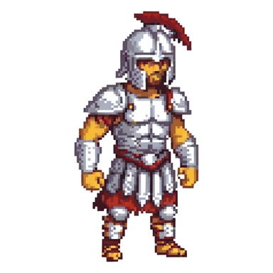 a gladiator in a dramatic pose, pixel art style sticker