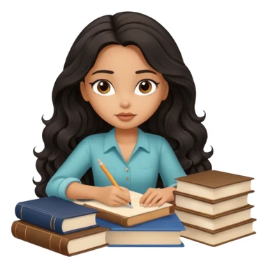 a pretty tan bratz girl with black wavy long hair studying. Pile of books on the table. No glasses. Looks tgired sticker