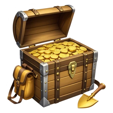 An icon showcasing a treasure chest filled with gold, a treasure map rolled up beside it, a backpack and shovel ready for the next adventure. The design captures the essence of treasure hunting, exploration, and excitement, set on a transparent background to emphasize the thrill of discovery. sticker