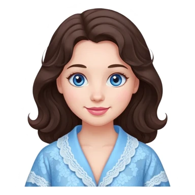 a girl with dark brown wavy hair just below her shoulders, with blue eyes, full lips, pink cheeks, plump skin, in a lace blue robe with a smile. sticker