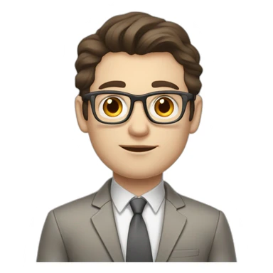 Pale skinned fit man with dark brown hair in gray jacket, beige office shirt, brown tie, brown pants and vintage glasses Writing on the flipchart sticker