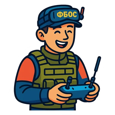 young man in tactical gear with a cap that says "ФБОС", holding a drone controller, wearing FPV goggles on his forehead, cheerful expression sticker