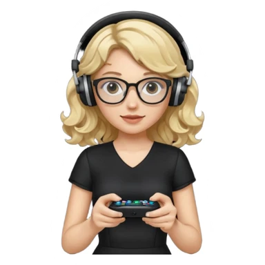 
gamer, woman with blond wavy hair, tight black dress with a white line with glasses, headphone, gamepad sticker
