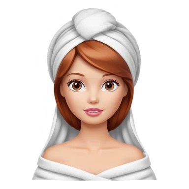 A Barbie face with shoulder-length reddish brown hair, makeup with cream on face and a towel on her head sticker