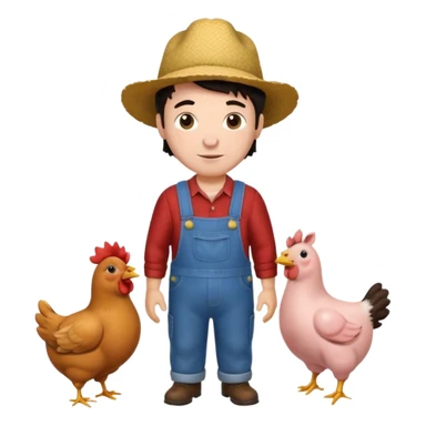 UN HOMBRE VESTIDO DE GRANJERO PIEL CLARA Y PELO OSCURO CON UNA GALLINA UN CERDO Y UNA VACA ALREDEDOR sticker