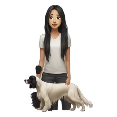 hyperrealist caucasian girl black long hair with brown english setter dog sticker