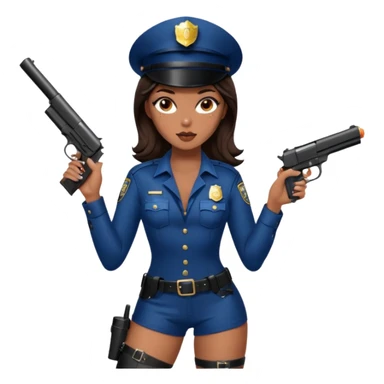 A sexy girl. with caramel skin. Dark brown hair and brown eyes. She has freckles. Wearing sexy makeup. Dressed as a sexy cop. wearing lingerie. Wearing heels on her feet. Holding a gun sticker