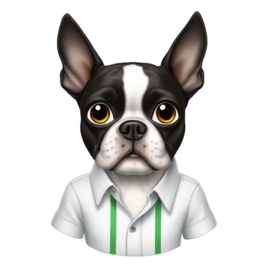 Boston terrier with a shirt that has a cricket on it sticker