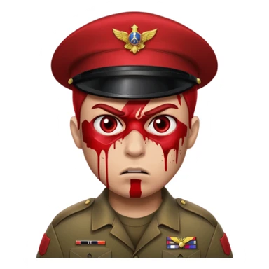 soldier with red skin tone, angry expression, blood splatter on left cheek sticker