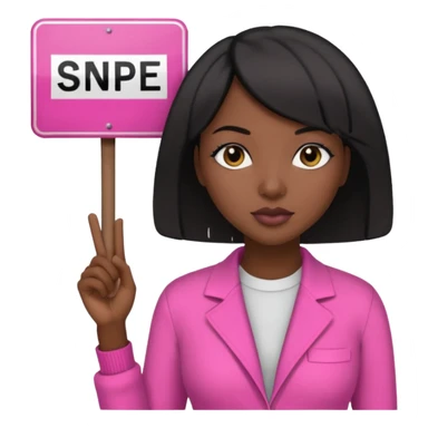 Dark skin woman with black bob in hair holding sign that says snipe  wearing pink outfit  sticker