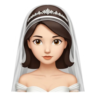 Braut mit glatten, dunkelbraunen kinnlangen Haaren und weißem schulterfreien Brautkleid mit Herzausschnitt. Sie trägt einen langen weißen Schleier am Hinterkopf. Die Haare trägt sie offen.  sticker