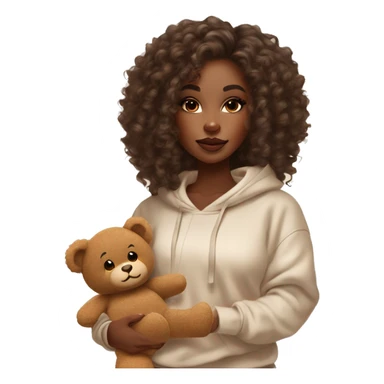 Beautiful black woman with long waste length curly hair with brown highlights, in a cozy sweatsuit in cream color and she is holding a teddy bear in brown, girl wearing makeup long lashes thick glossy lips sticker