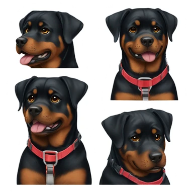 A pretty and happy Rottweiler female with a red harness sticker