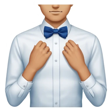 
a man's hand straightens a dark blue bow tie on the collar of a white shirt sticker