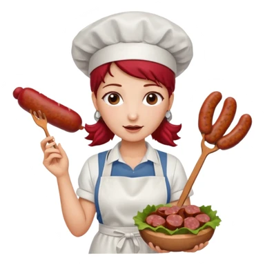 Charcutera con un chorizo y embutido en la mano con una redecilla en el pelo y delantal blanco y añade mucha carne alrededor sticker