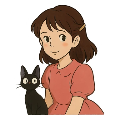 ghibli style character with dark brown hair clipped back with a hairpin, sweet eyes, pink dress, cat companion sticker