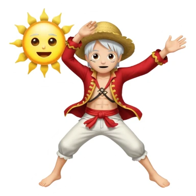 the king of the pirates (luffy) with white hair and clothes jumping in front of the sun sticker