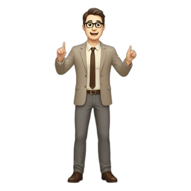 To belt Actively gesturing with hands Pale skinned fit man with dark brown hair in gray jacket, beige office shirt, brown tie, brown pants and vintage glasses. sticker