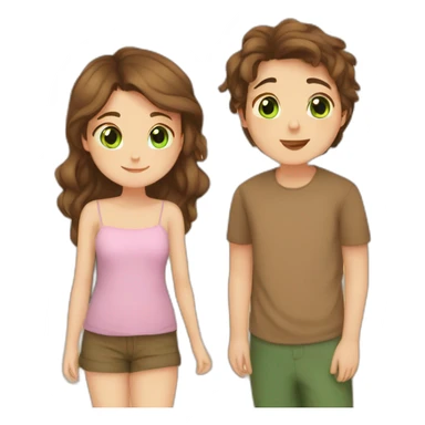 Girl with brown eyes and brown hair kisses boy with brown hair and green eyes and hugs brown fat cats sticker