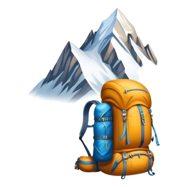 Icon for Mountain Tourism and Climbing: a mountain peak in the background, climbing gear and backpack. The icon should capture the adventure and challenge of alpine exploration. Transparent background. sticker