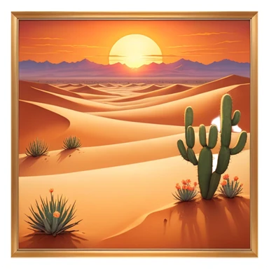 Cinematic Realistic Desert Emoji in a frame, Expansive and arid, with vast stretches of golden sand dunes and scattered cacti, the sun casting a warm, almost orange glow over the dry, cracked earth. The horizon blurs into a heat shimmer, while the occasional desert flower adds a splash of color to the barren landscape. Soft glowing outline, capturing the essence of the harsh yet stunning beauty of the desert, calm and quiet, filled with silence and mystery. sticker