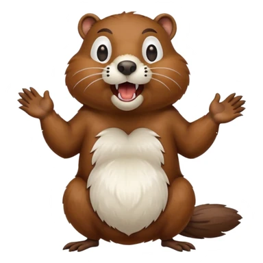  A crazy beaver is standing on its hind legs with its front paws stretched out in front of it. It has a brown fur coat with white fur around its eyes and nose. mouth is open, revealing sharp teeth.  sticker