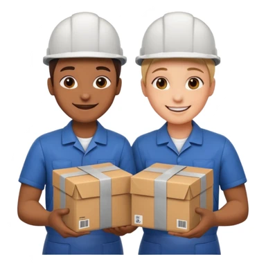 create a realistic emoji of two working packaging workers switching positio sticker