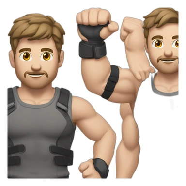 Close up Actively gesturing  with hands Pale skinned Fit Man With the biceps and brown hair in dark gray Sleeveless Mike, black oversize sports shorts, watch and white Sneakers sticker