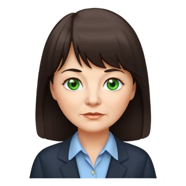 60 yr old woman, green eyes, long straight dark brown hair, business shirt, chubby, bangs sticker