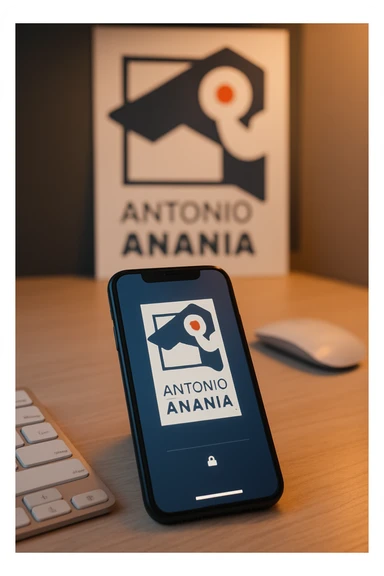 A photo of an iPhone on the desk with the logo of "Antonio Anania" on its screen, The phone sits atop a desk with a blurred with the logo in the background that suggests work environment. A faint glow from above casts gentle shadows across the surface of each object, creating depth and highlighting their textures sticker