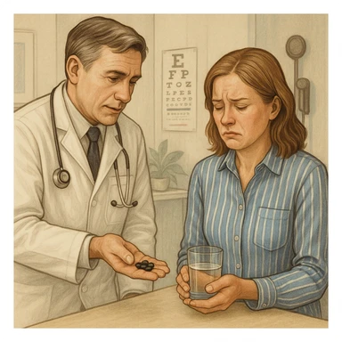 A realistic or illustrative style image of a doctor in a white coat giving pills to a woman with a suffering expression. The woman holds pills and a glass of water. The background is a medical office, inspired by the reference image. sticker