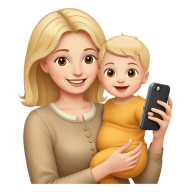 happy mother holding phone taking selfie with smiling baby sticker