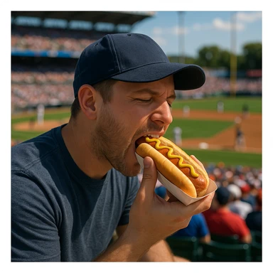 man eating a hot dog at a baseball game sticker