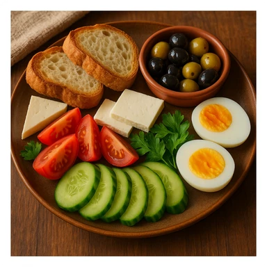 a warm and inviting Turkish breakfast plate filled with cheese, olives, tomatoes, cucumbers, eggs, and slices of bread, beautifully arranged sticker