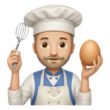 Middle aged male pastry chef - with a small beard, apron, white hat, holding an egg beater in one hand and naturally drooping in the other hand sticker