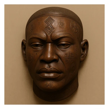 Modify this Mwana Pwo mask to a male Cokwe mask, a classic African mask with a strong masculine face, smooth wood texture, and cultural symbolism. Use a minimal background to keep the focus on the mask. sticker