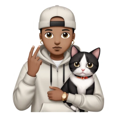rapper with stylish clothes holding a cute black and white cat sticker